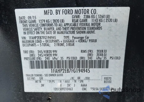 2015 Ford Taurus Sel из США, поврежденный, VIN 1FAHP2E87FG194945